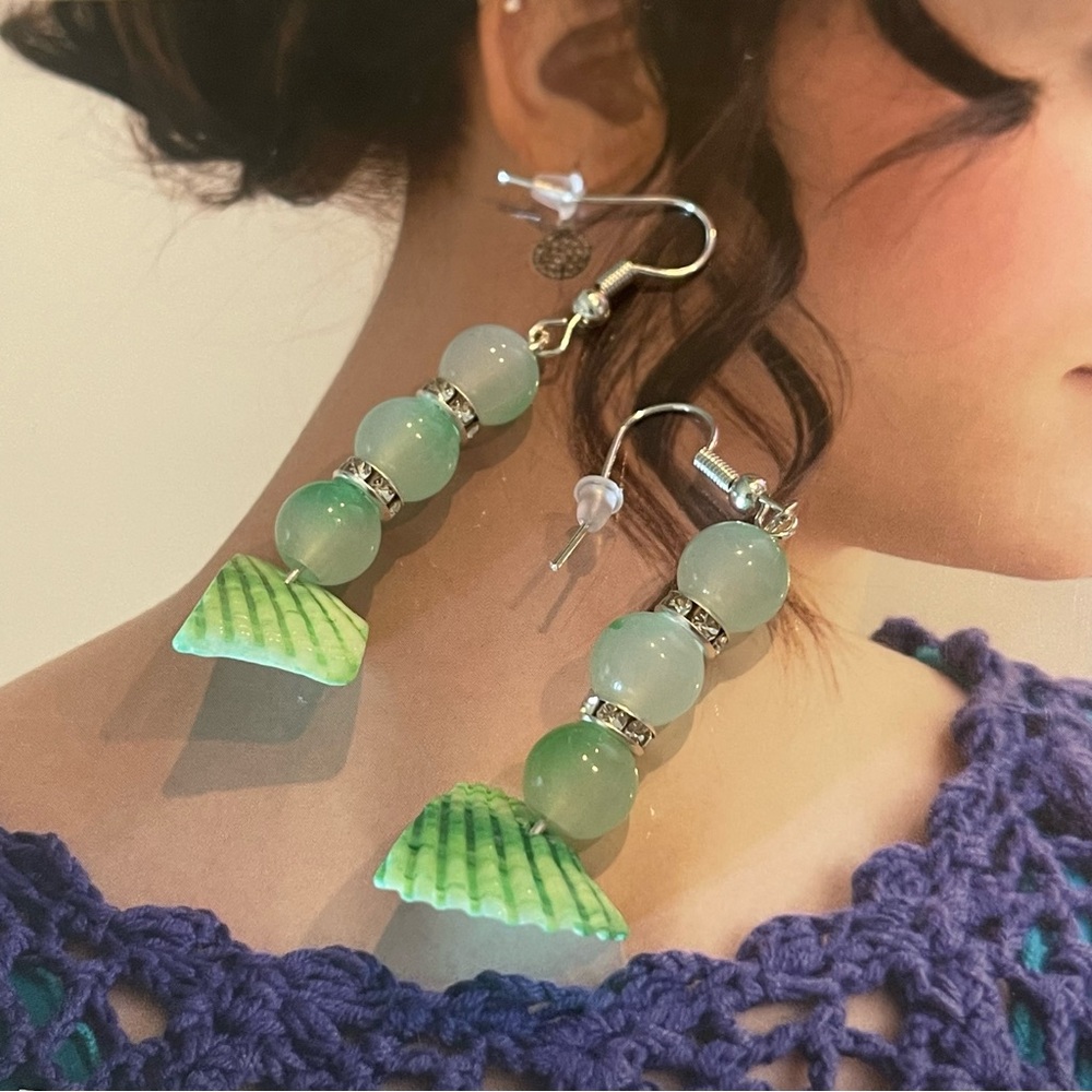 Green Shell Dangle Earrings with Beads